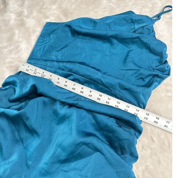 Lulus Mini Dress Women's L Teal Blue Satin One Shoulder Ruched Sleeveless New - Picture 8 of 12